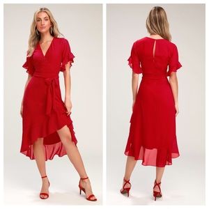 Lulus For the Frills Red High-Low Wrap Dress